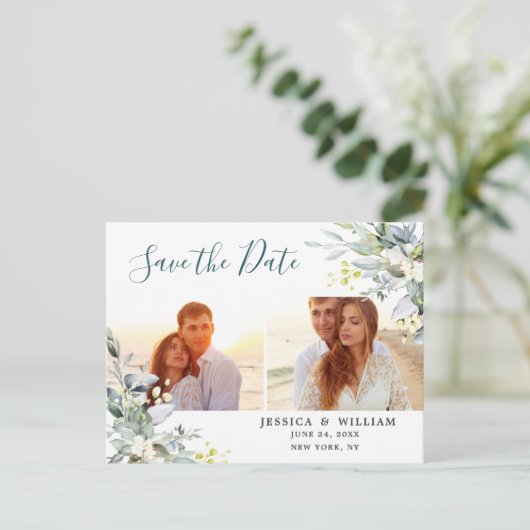 1Waterverf Eucalyptus FOTO Bruiloft Save the Date Aankondigingskaart (Staand voorkant)