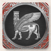 [200] Assyrian Winged Bull - Silver Lamassu Bier Onderzetter (Voorkant)