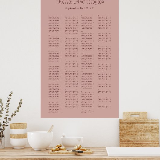 200 Cinnamon Roos Simple Wedding Seating Chart Poster (Keuken)