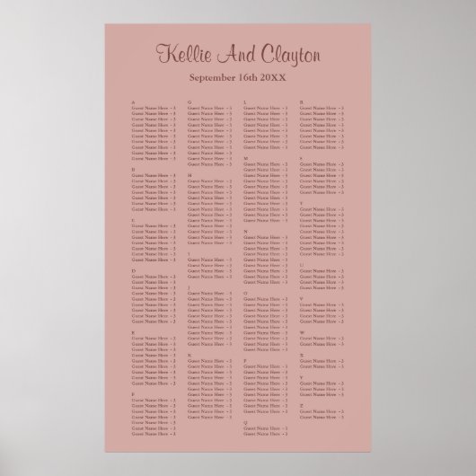 200 Cinnamon Roos Simple Wedding Seating Chart Poster (Voorkant)