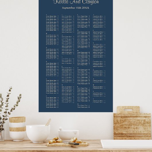 200 Classic Blue Simple Wedding Seating Chart Poster (Keuken)