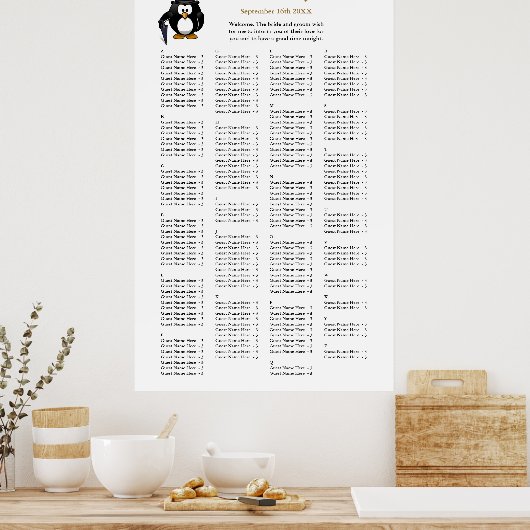 200 Funny Penguin Greeter Wedding Seating Chart Poster (Keuken)