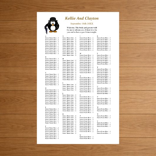 200 Funny Penguin Greeter Wedding Seating Chart Poster