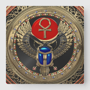 [200] Heilig goud Egyptisch scharretje met Ankh Vierkante Klok