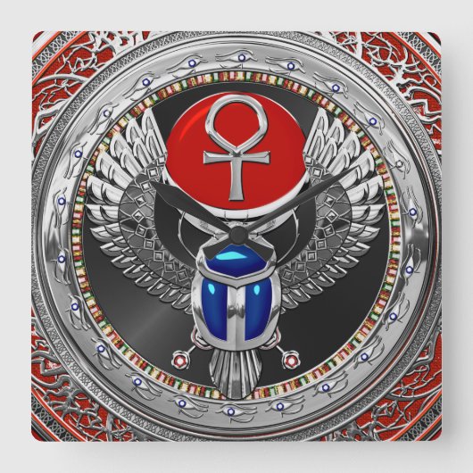 [200] Sacred Silver Egyptian Winged Scarab & Ankh Vierkante Klok (Voorkant)
