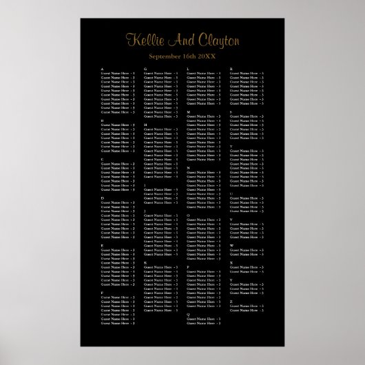 200 Simple Black Wedding Seating Chart Poster (Voorkant)