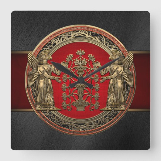 [200] Twee Gouden Ninurtas met Boom van het Leven Vierkante Klok (Voorkant)