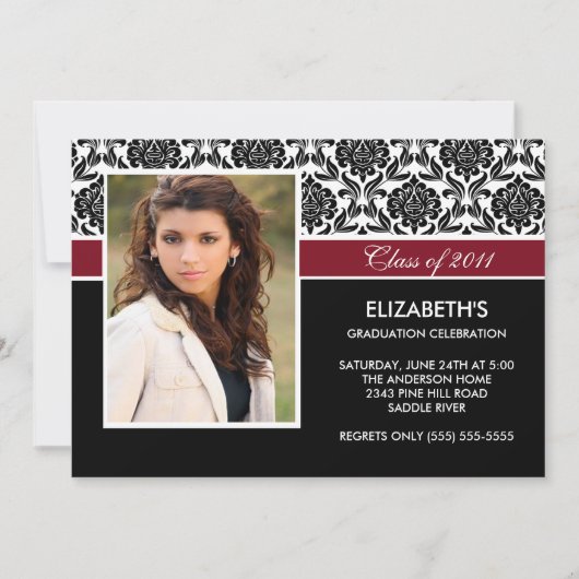 2011 Black Damask Photo Afstuderen Invitation Kaart (Voorkant)