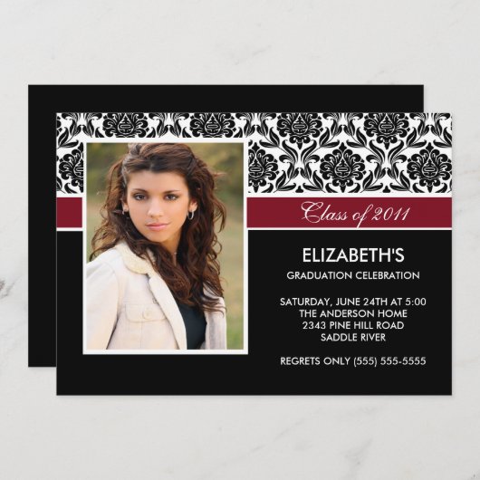 2011 Black Damask Photo Afstuderen Invitation Kaart (Voorkant / Achterkant)