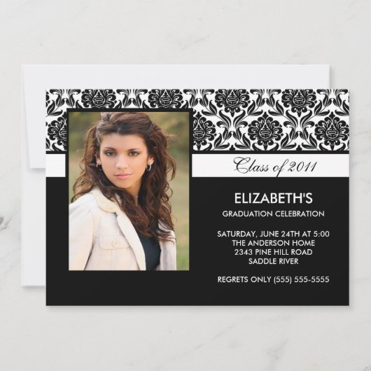 2011 Black Damask Photo Afstuderen Invitation Kaart (Voorkant)