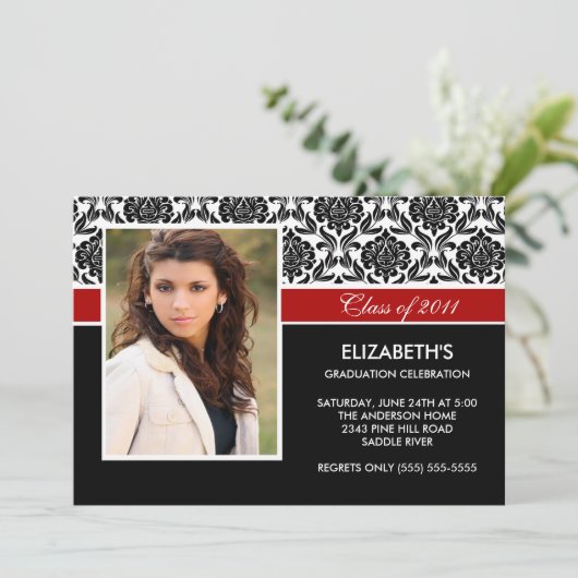 2011 Black Damask Photo Afstuderen Invitation Red Kaart (Staand voorkant)