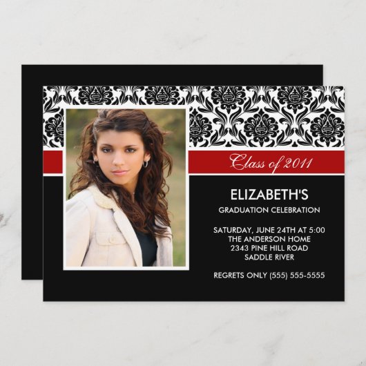 2011 Black Damask Photo Afstuderen Invitation Red Kaart (Voorkant / Achterkant)