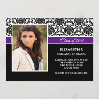2011 Paarse Damask Foto Afstuderen Invitation Kaart