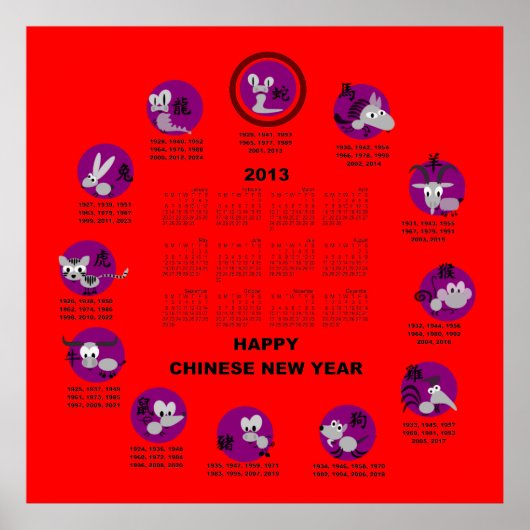 2013 Chinese Zodiac Happy New Year Calendar Rd Bg Poster (Voorkant)