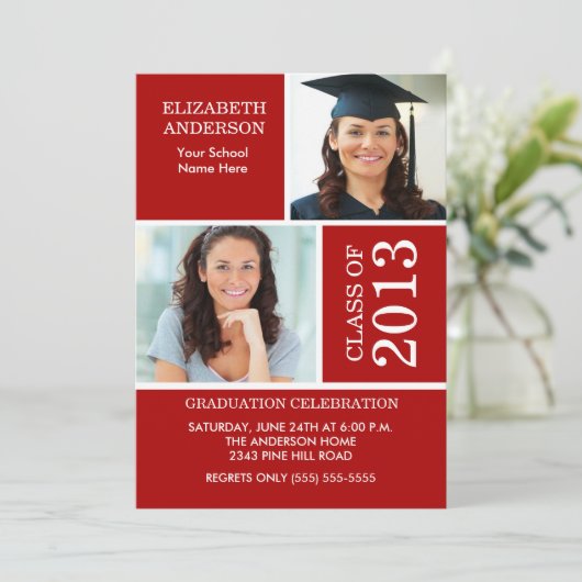 2013 Foto Afstuderen Invitation Red & White Kaart (Staand voorkant)