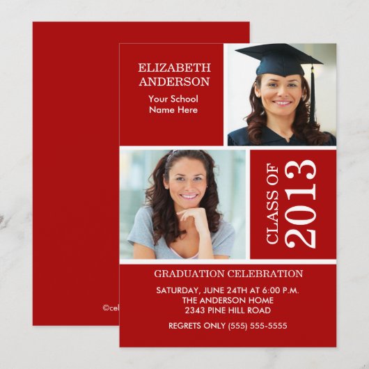 2013 Foto Afstuderen Invitation Red & White Kaart (Voorkant / Achterkant)