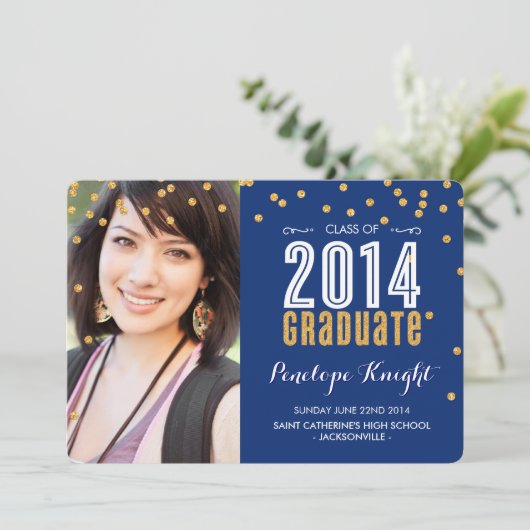 2014 AFSTUDEREN goudglitter confetti royal blue Kaart (Staand voorkant)