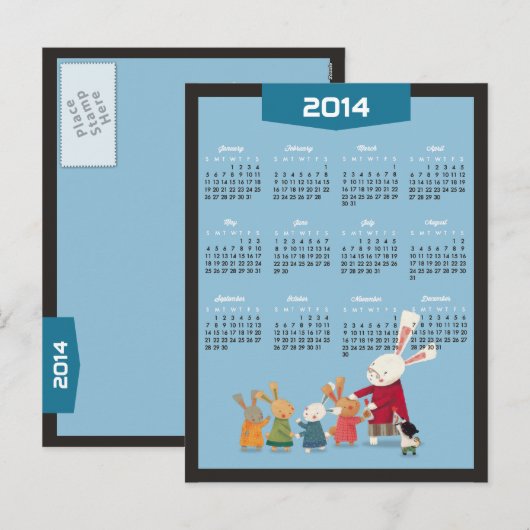 2014 kalender - Gelukkig Nieuwjaar Konijn Familie Feestdagenkaart (Voorkant / Achterkant)