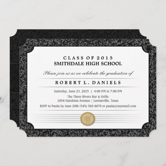 2015 Black & Grey Border Diploma Afstuderen Uitnod Kaart (Voorkant / Achterkant)