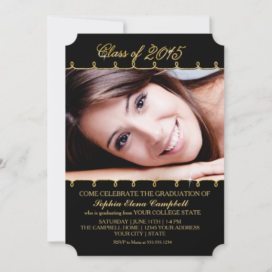 2015 Elegant Faux Glitter Swirl Afstuderen Foto Kaart (Achterkant)