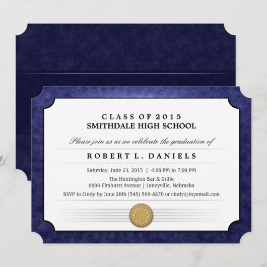 2015 Navy Blue Border Diploma Afstuderen Uitnodige Kaart (Voorkant / Achterkant)