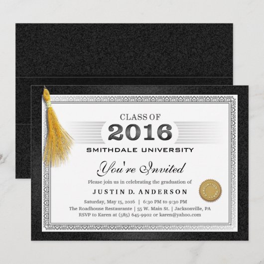 2016 Diploma Afstuderen Uitnodigen met Gold Tassel Kaart (Voorkant / Achterkant)