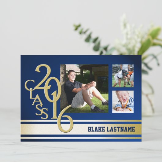 2016 Gouden Varsity Stripe Afstuderen TRI Foto Bla Kaart (Staand voorkant)