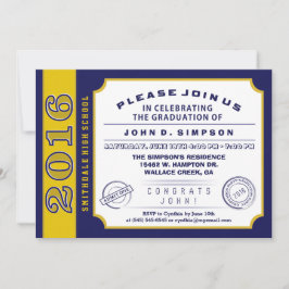2016 Navy Blue & Gold Ticket Afstuderen Invitation Kaart
