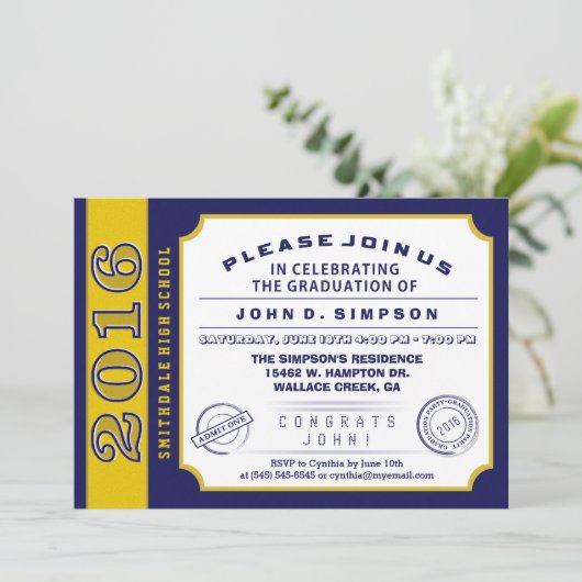 2016 Navy Blue & Gold Ticket Afstuderen Invitation Kaart (Staand voorkant)