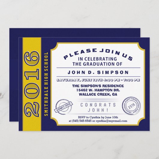 2016 Navy Blue & Gold Ticket Afstuderen Invitation Kaart (Voorkant / Achterkant)