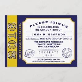 2016 Navy Blue & Gold Ticket Afstuderen Invitation Kaart
