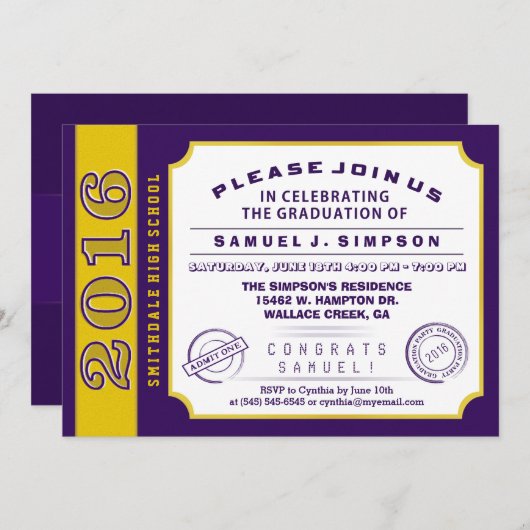 2016 Paarse en gouden ticket Afstuderen Uitnodigen Kaart (Voorkant / Achterkant)