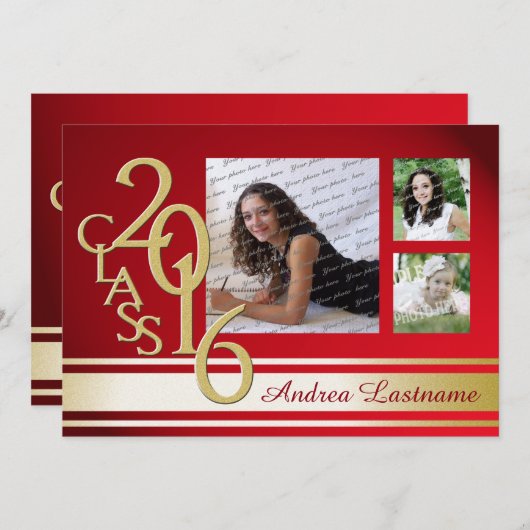 2016 Rood Goud Varsity Stripe Afstuderen TRI Foto Kaart (Voorkant / Achterkant)