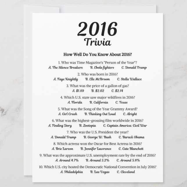 2016 Trivia Spel | 10e Verjaardagsfeestje Spel (Voorkant)