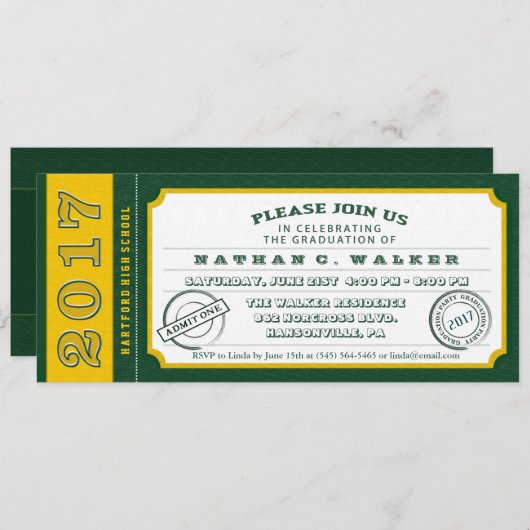 2017 Green & Gold Ticket Graduation Party nodigt u Kaart (Voorkant / Achterkant)