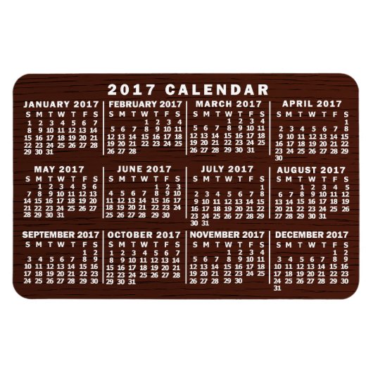 2017 Jaar Maandelijkse kalender Bruin Hout Grain Magneet (Horizontaal)