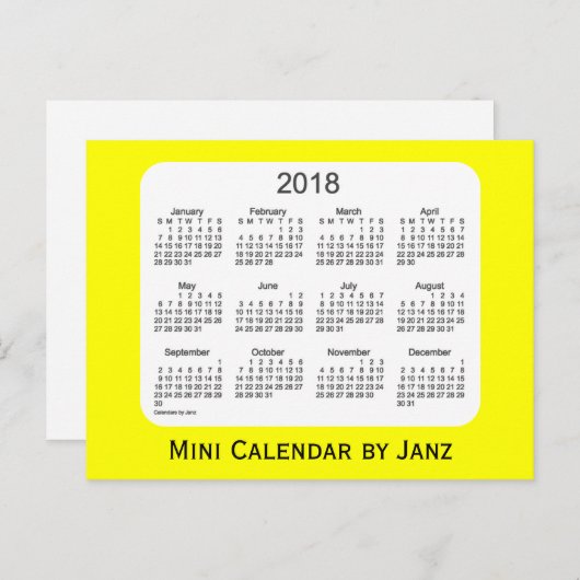 2018 Gele Mini Kalender van Janz Briefkaart (Voorkant / Achterkant)