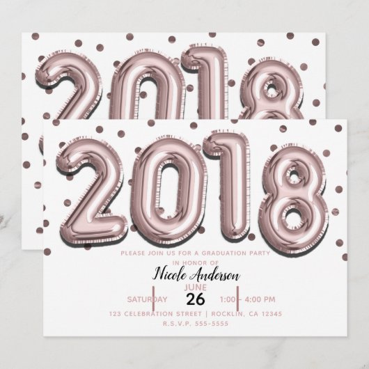 2018 GRADUATION PARTY Roos Gouden Confetti Ballonn Kaart (Voorkant / Achterkant)