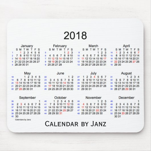 2018 Holiday 52 weken Witte Agenda van Janz Muismat (Voorkant)