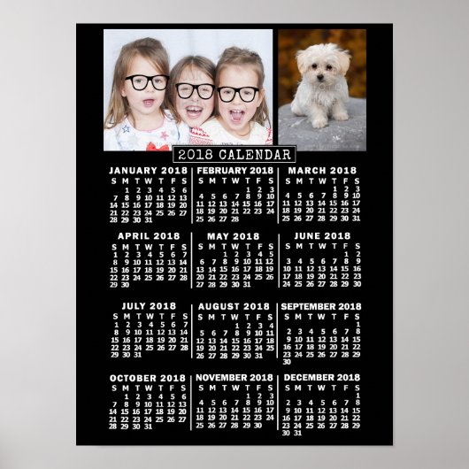 2018 Jaar Maandkalender Zwart | Aangepaste Foto's Poster (Voorkant)