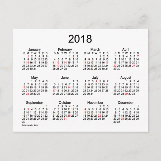 2018 Vakantie Mini Kalender door Janz Briefkaart (Voorkant)