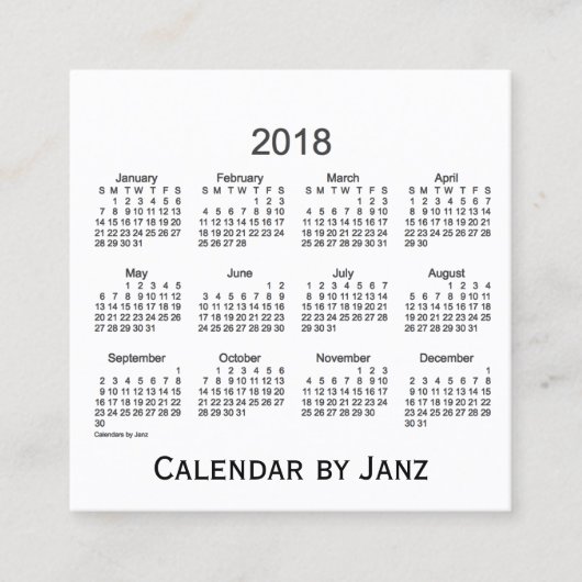 2018 White Calendar van Janz Square Visitekaartje (Voorkant)