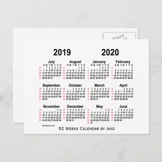2019-2020 Witte 52 Weken van de Kalender door Janz Briefkaart (Voorkant / Achterkant)