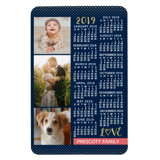 2019 Calendar Navy Coral Gold Family Photo Collage Magneet (Verticaal)