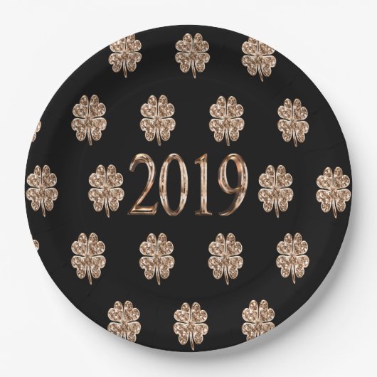 2019 Elegant Black en Gold Four Leaf Clovers Papieren Bordje (Voorkant)