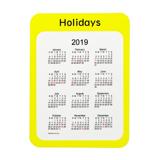 2019 Gele Vakantie Kalender door Janz Magnet Magneet (Verticaal)