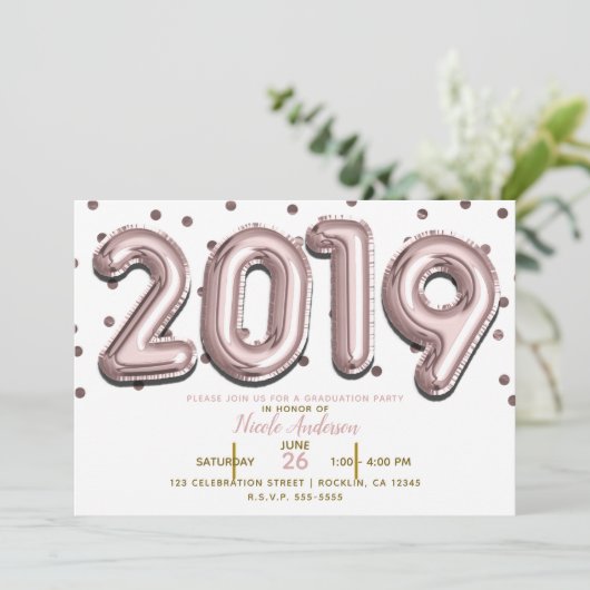 2019 GRADUATION PARTY Roos Gouden Confetti Ballonn Kaart (Staand voorkant)