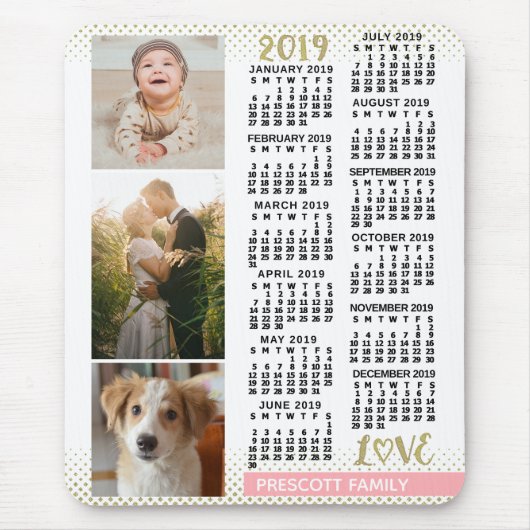 2019 Kalender Blush Pink Gold Family Foto Collage Muismat (Voorkant)