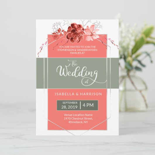 2019 Koraal Sage Modern Floral Geometric Wedding Kaart (Staand voorkant)