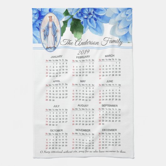 2019 Maagd Mary Calendar zonder winstoogmerk Theedoek (Verticaal)